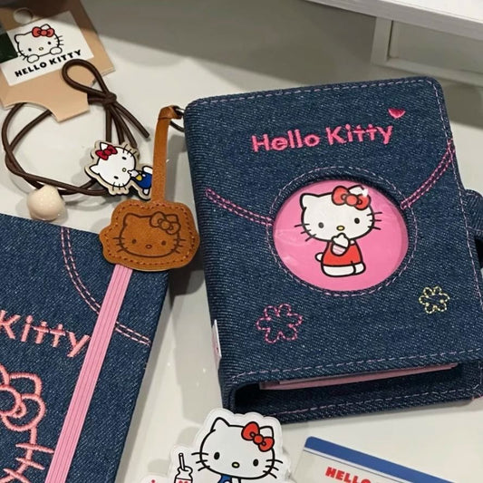 hellokitty denim loose-leaf journal book M5 notebook, stylish and trendy, perfect for students.